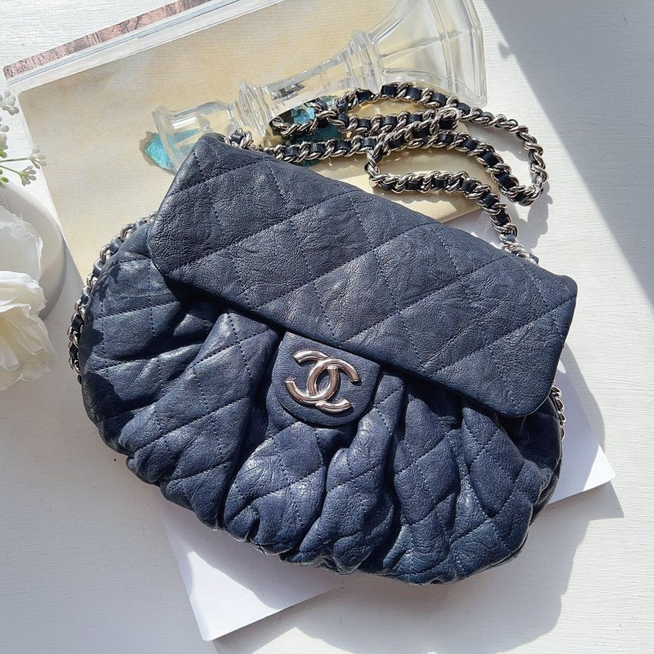 Chanel Quilted Medium Chain-Around Shoulder Messenger Blue Bag