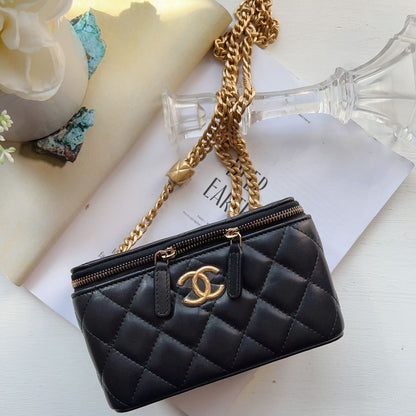 Chanel Quilted Small Pillow Crush Vanity Case With Chain Black New