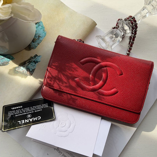 Chanel Red Caviar Leather CC Timeless Wallet On Chain