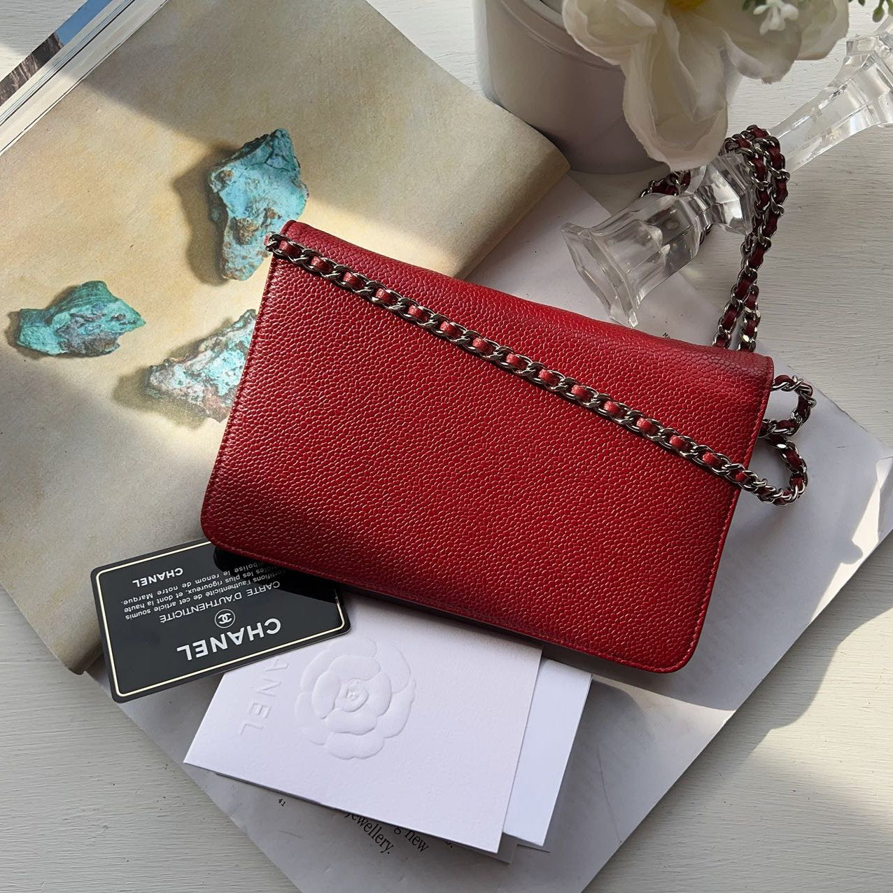 Chanel Red Caviar Leather CC Timeless Wallet On Chain