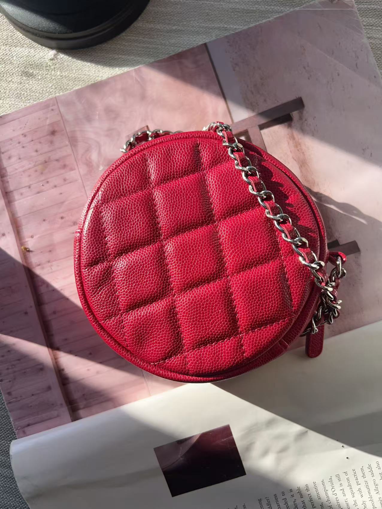 Chanel Red Quilted Caviar Round Clutch With Chain