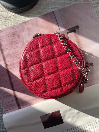 Chanel Red Quilted Caviar Round Clutch With Chain