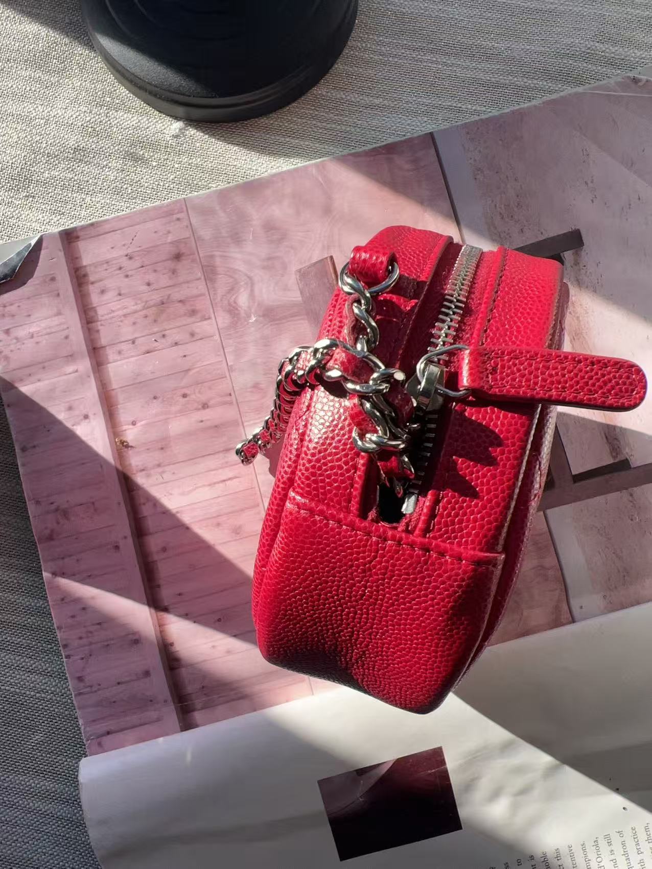 Chanel Red Quilted Caviar Round Clutch With Chain