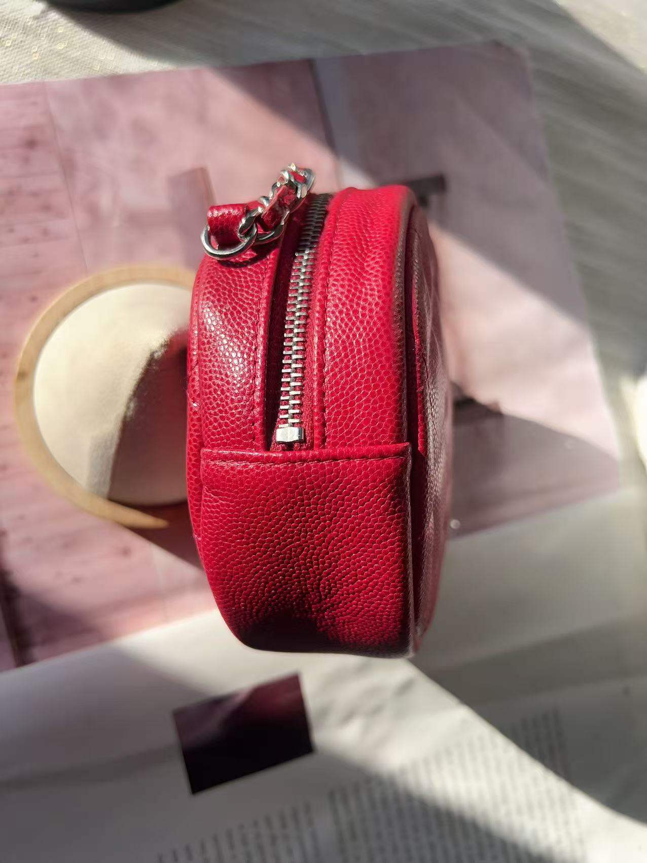 Chanel Red Quilted Caviar Round Clutch With Chain