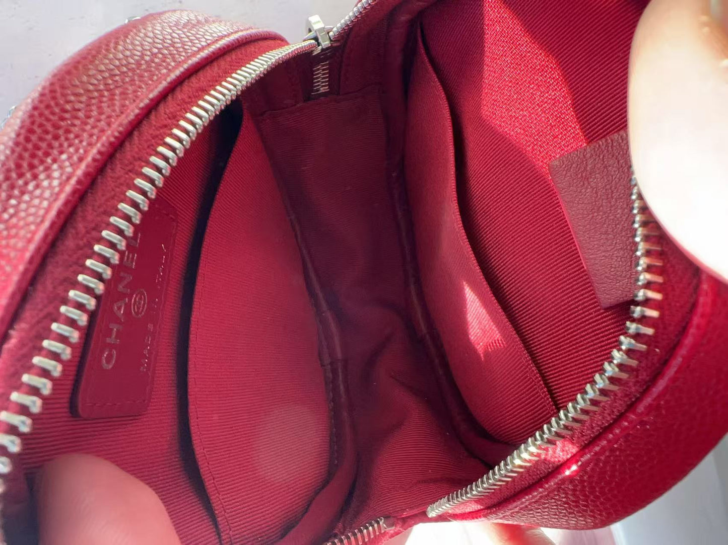 Chanel Red Quilted Caviar Round Clutch With Chain