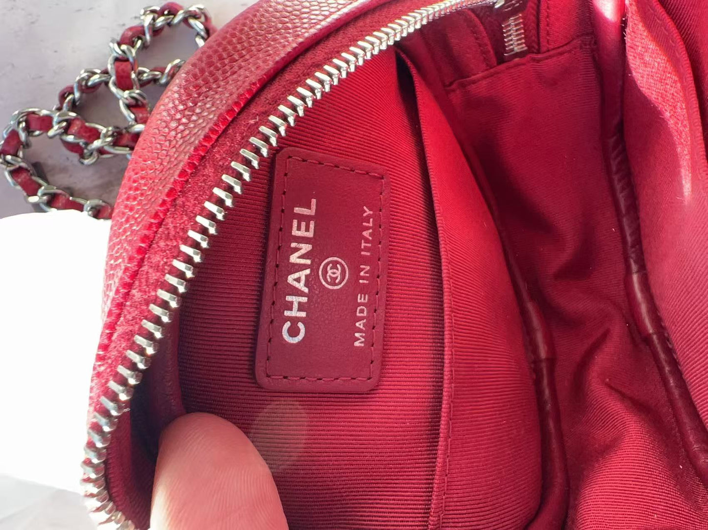 Chanel Red Quilted Caviar Round Clutch With Chain