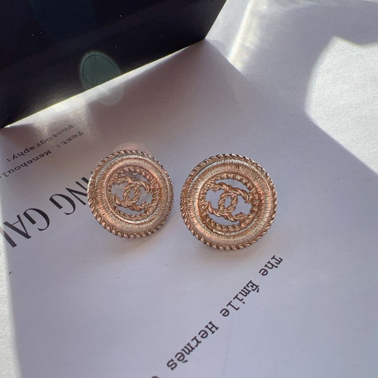 Chanel CC Textured Gold Tone Round Stud Earrings