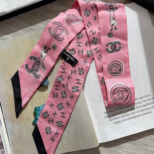 Chanel Silk CC Slim Bandeau Scarf Pink Black