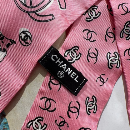 Chanel Silk CC Slim Bandeau Scarf Pink Black