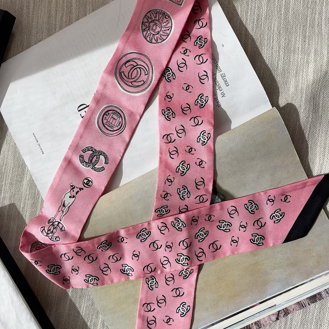 Chanel Silk CC Slim Bandeau Scarf Pink Black