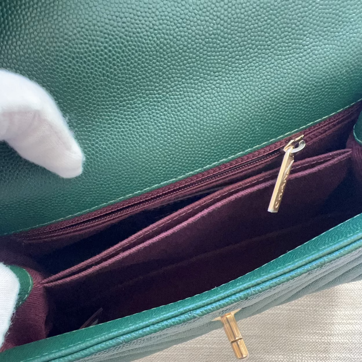 Green leather handbag with gold zipper on a light gray background