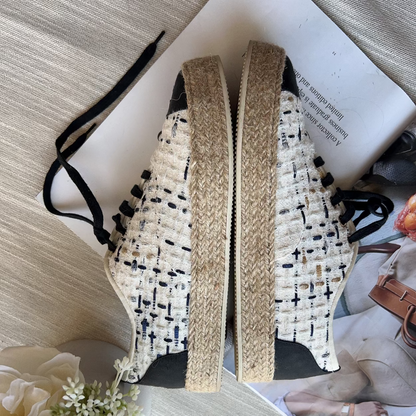 Chanel Tweed and Grosgrain CC Lace Up Espadrilles Sneakers 38