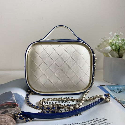 Chanel Vanity Case Navy White Quilted Crumpled Calfskin Bag