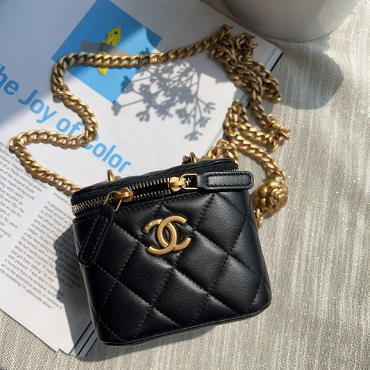Chanel Vanity Case with Camellia Chain Black