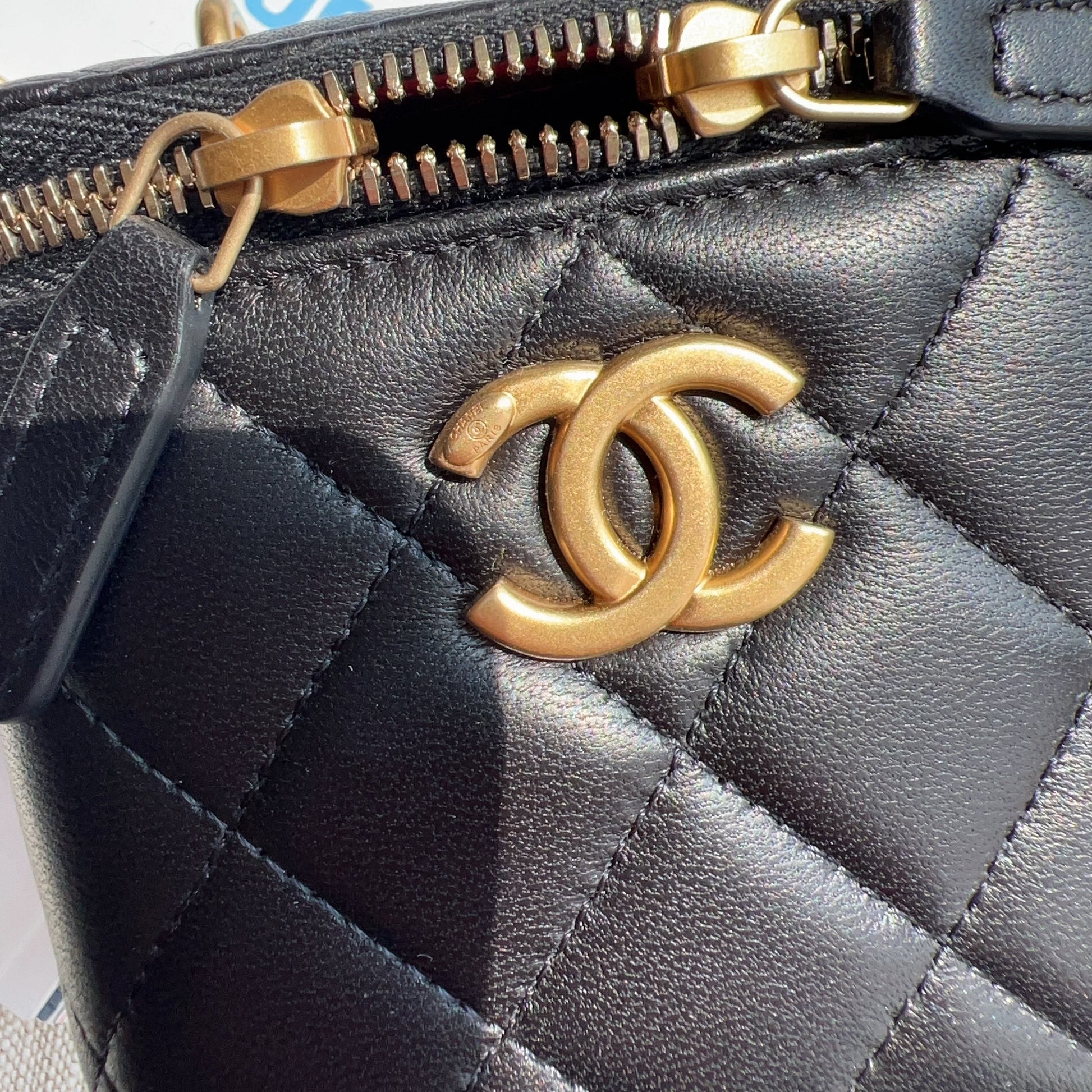 Chanel Vanity Case with Camellia Chain Black