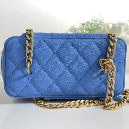 Chanel Vanity with Heart Chain Blue Caviar Aged Gold New