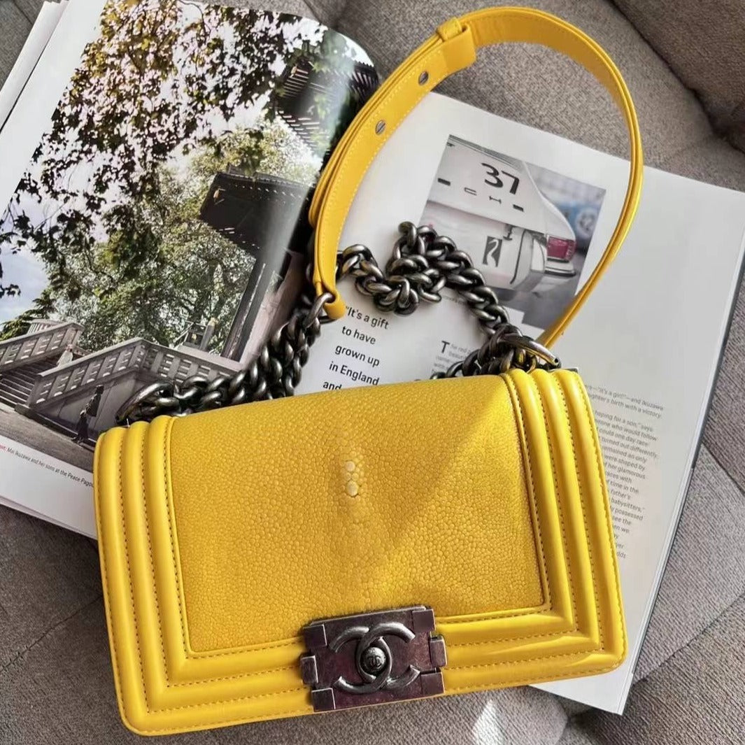 Chanel Yellow Stingray And Leather Small Boy Bag