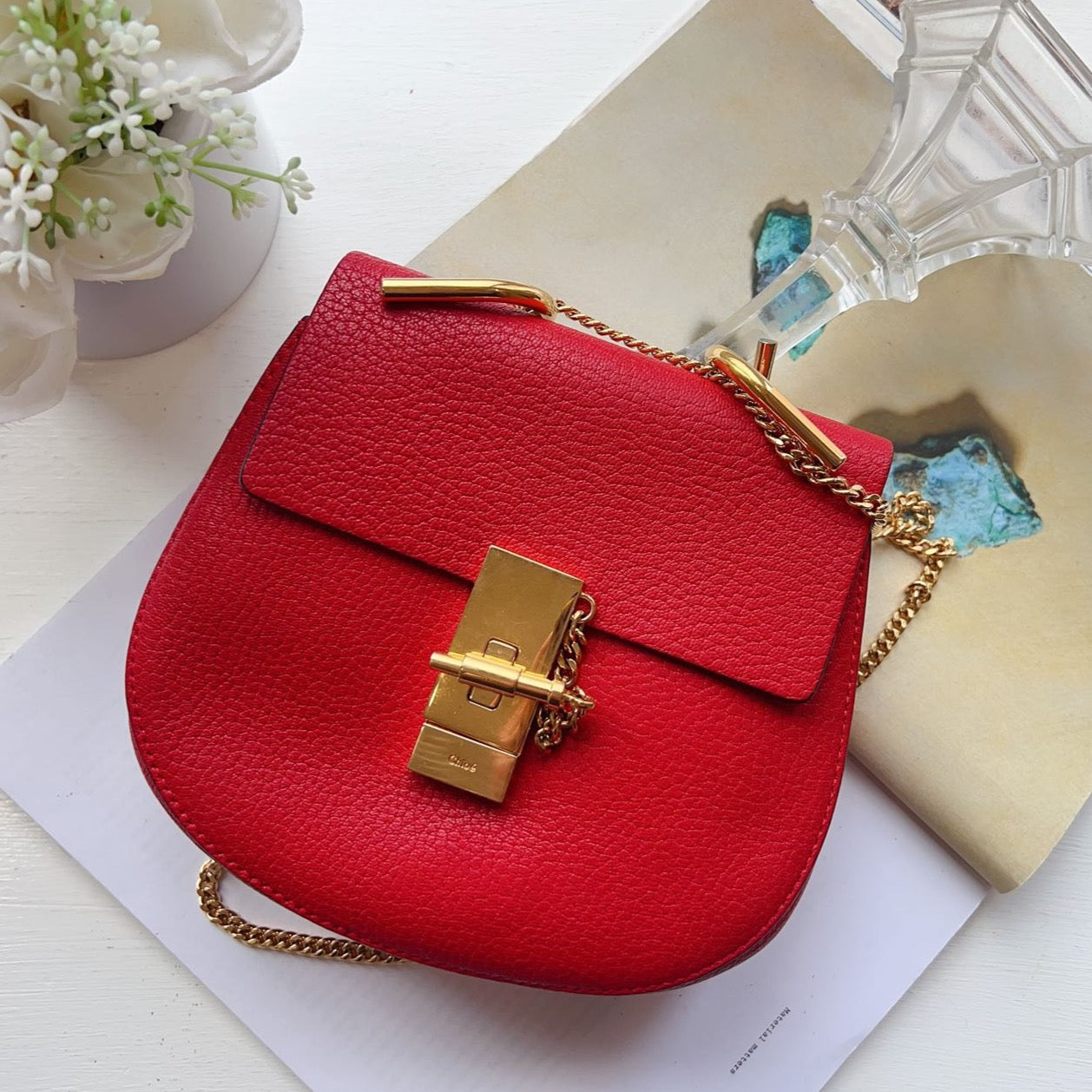 Chloe mini Drew Chain Crossbody Bag Red Calfskin