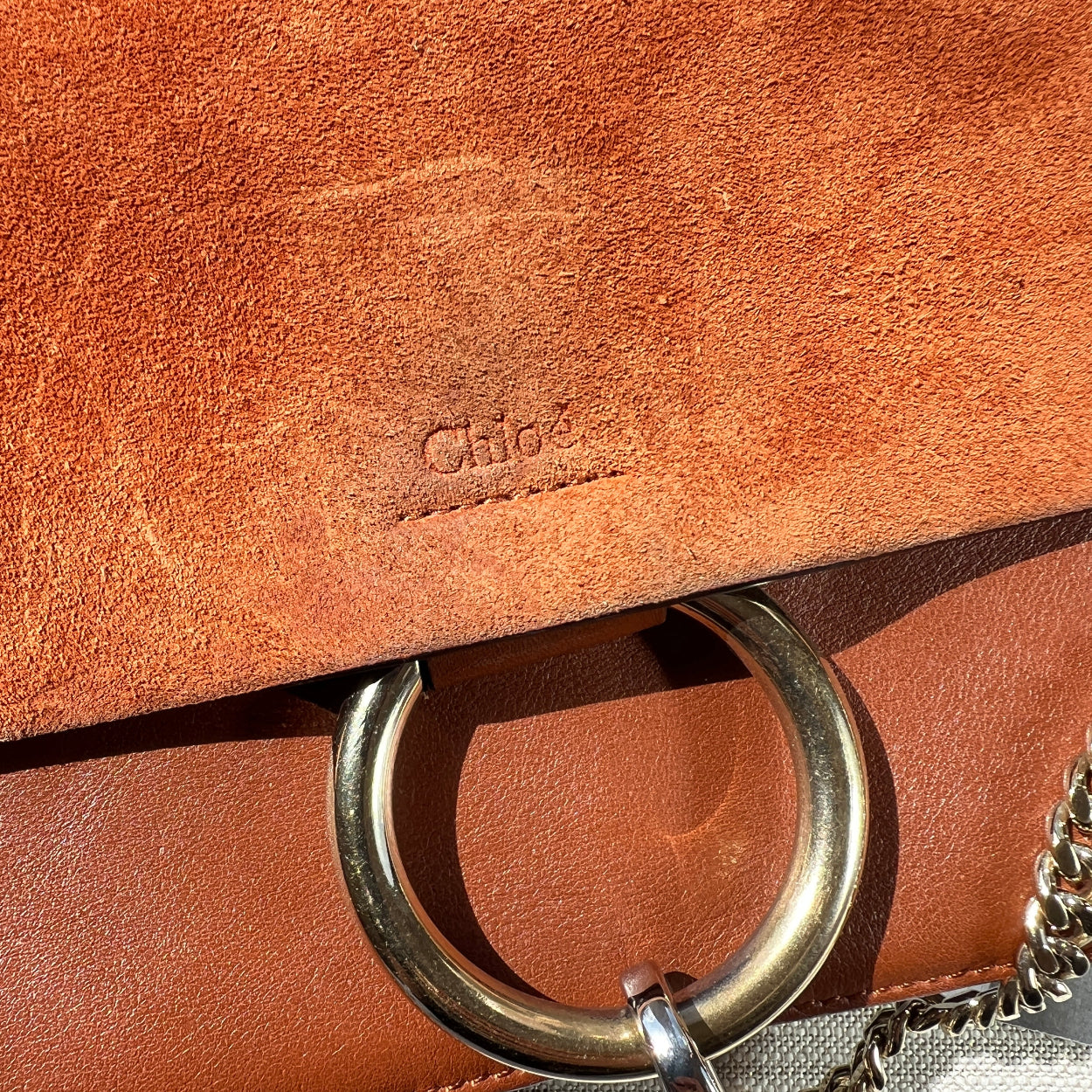 Brown leather bag with a metal ring handle on a light gray background