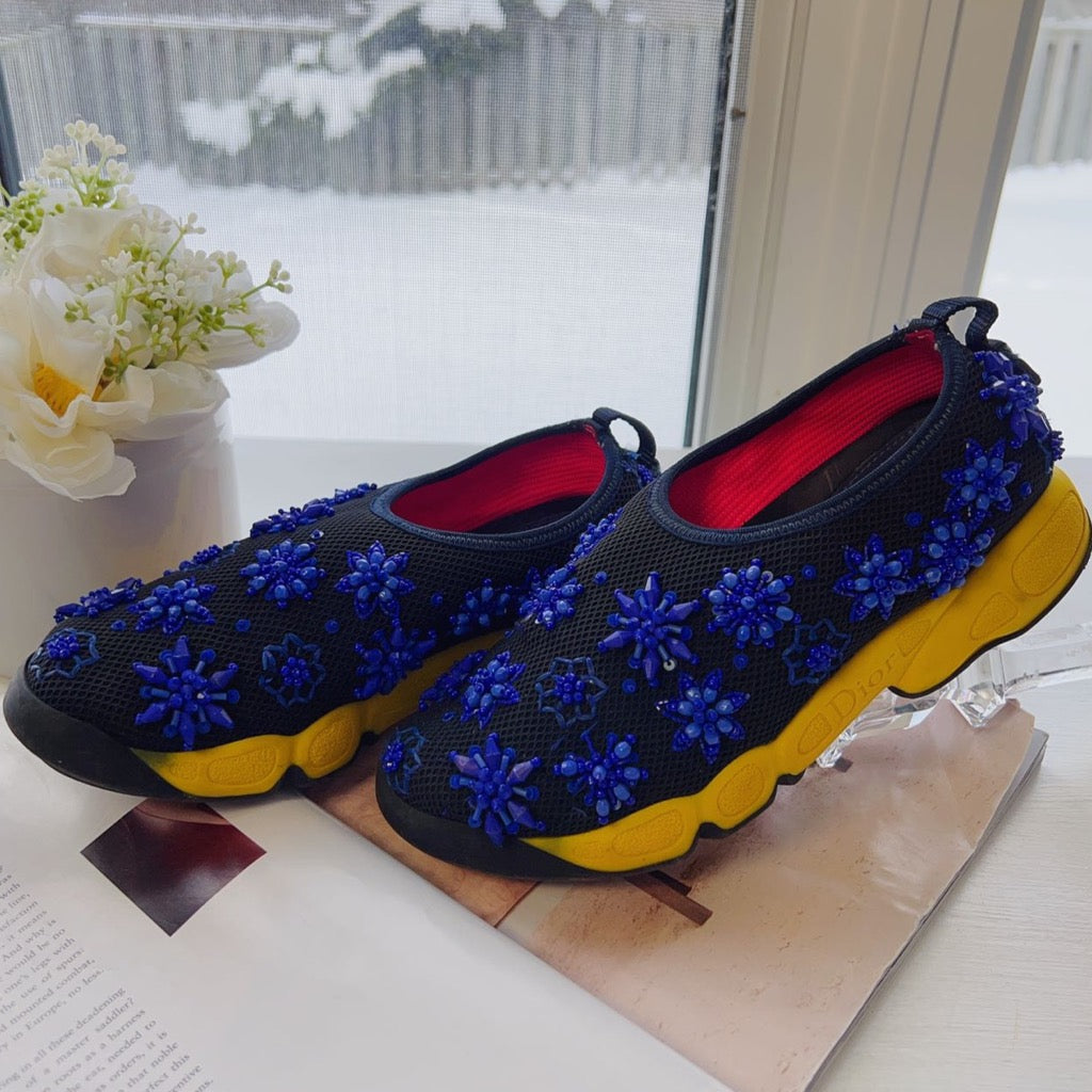 Christian Dior Blue with Sequins Yellow 3D Flowers Sneakers