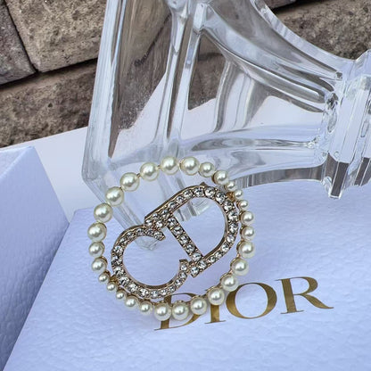 Christian Dior Crystal Pearl CD Logo Brooch Gold