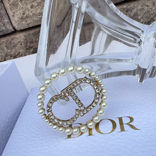 Christian Dior Crystal Pearl CD Logo Brooch Gold