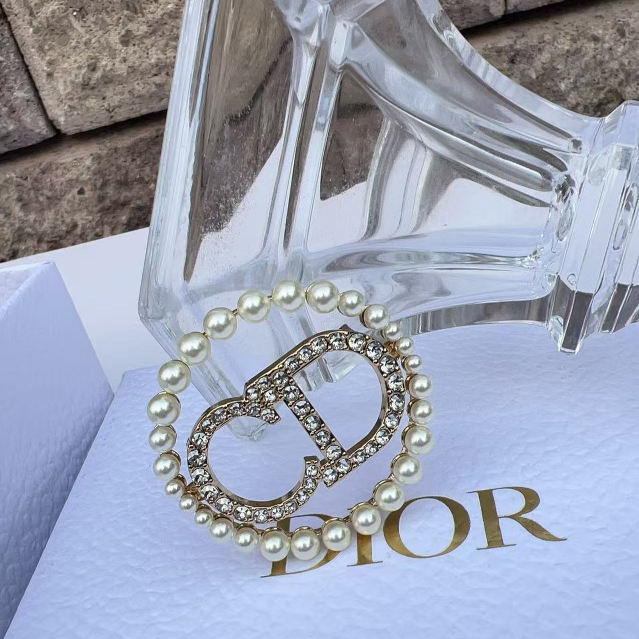 Christian Dior Crystal Pearl CD Logo Brooch Gold