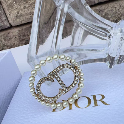 Christian Dior Crystal Pearl CD Logo Brooch Gold