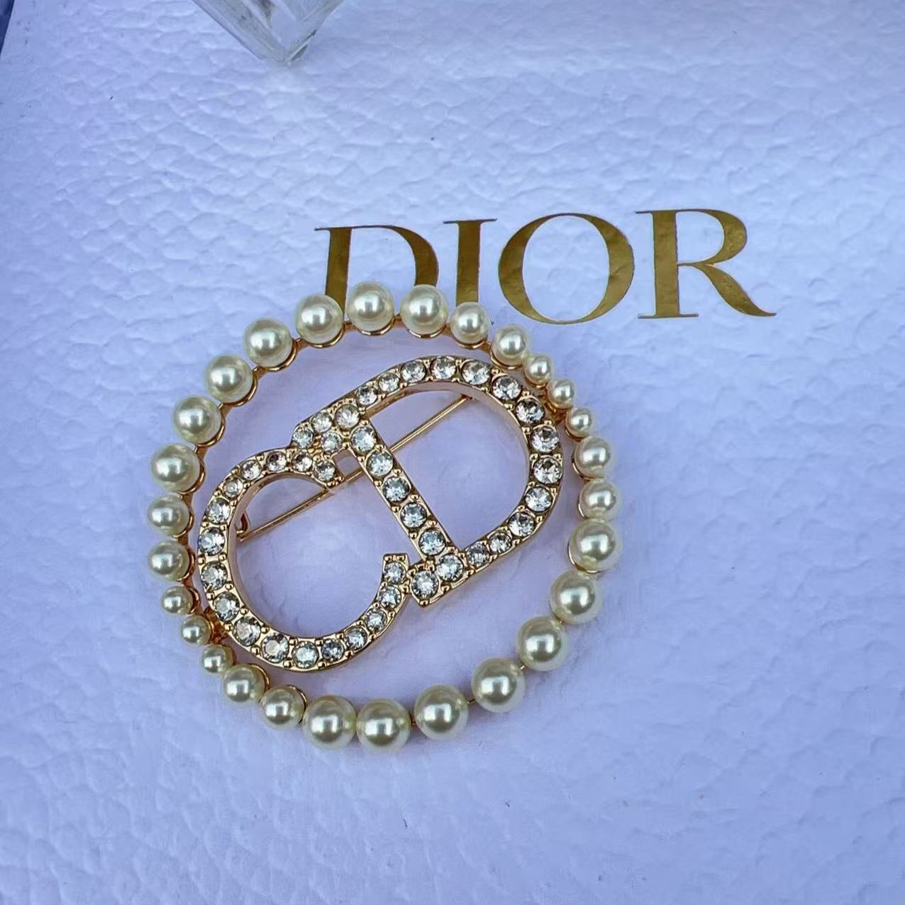Christian Dior Crystal Pearl CD Logo Brooch Gold