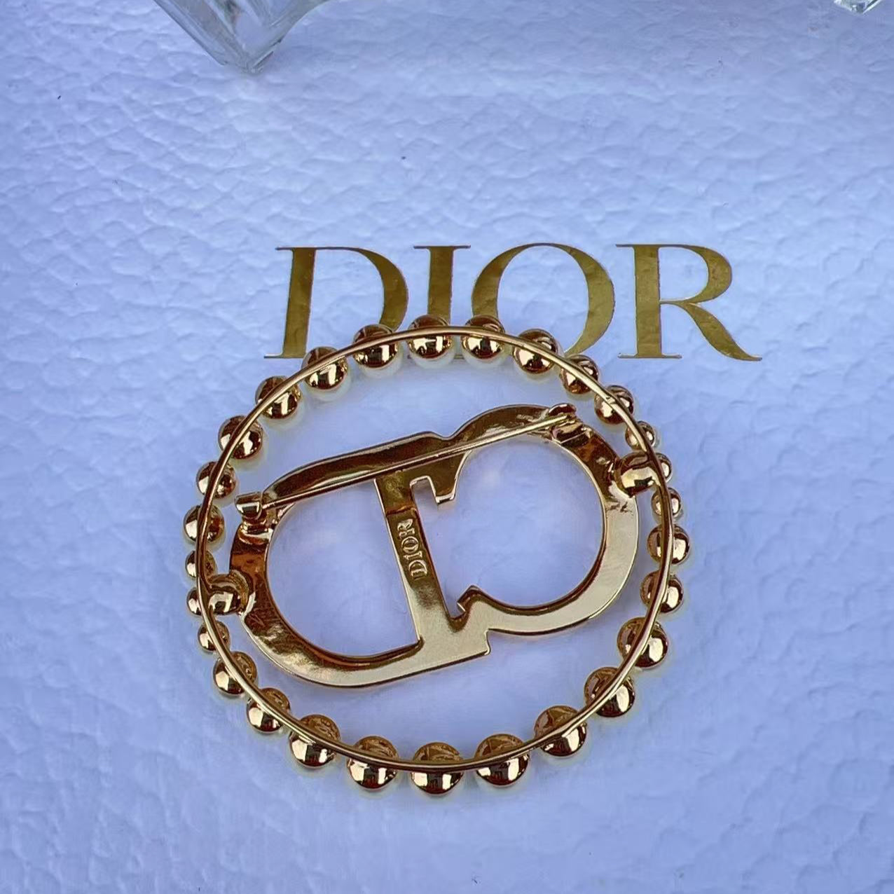 Christian Dior Crystal Pearl CD Logo Brooch Gold