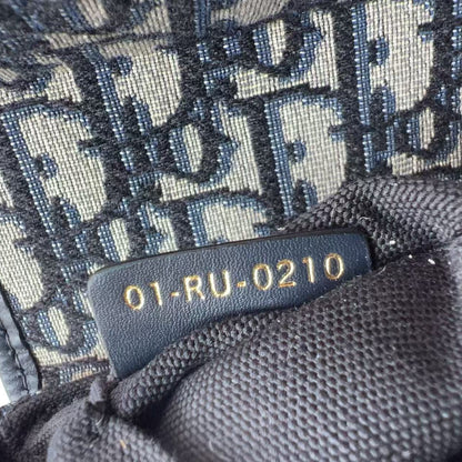 Close-up of a Dior monogram bag showing the signature 'CD' pattern in navy blue on a beige canvas background, with a black leather tag displaying the code '01-RU-0210'.