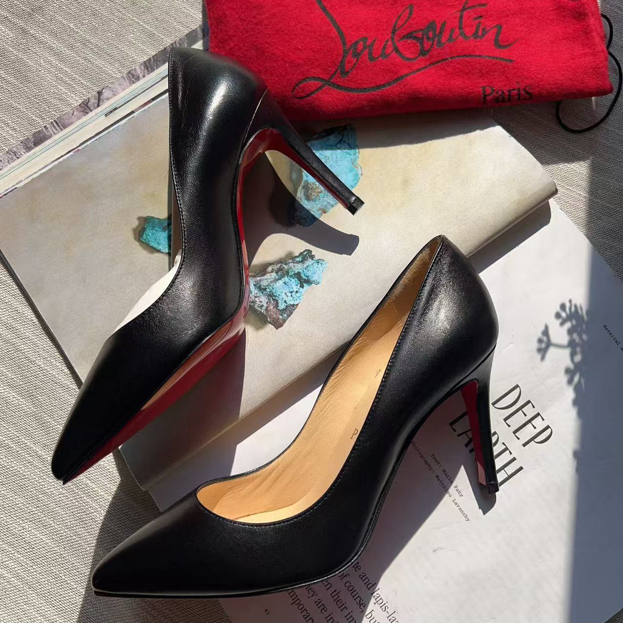 A pair of black Christian Louboutin pointed-toe kitten heel pumps with signature red soles, displayed on top of books next to a red Christian Louboutin dust bag.