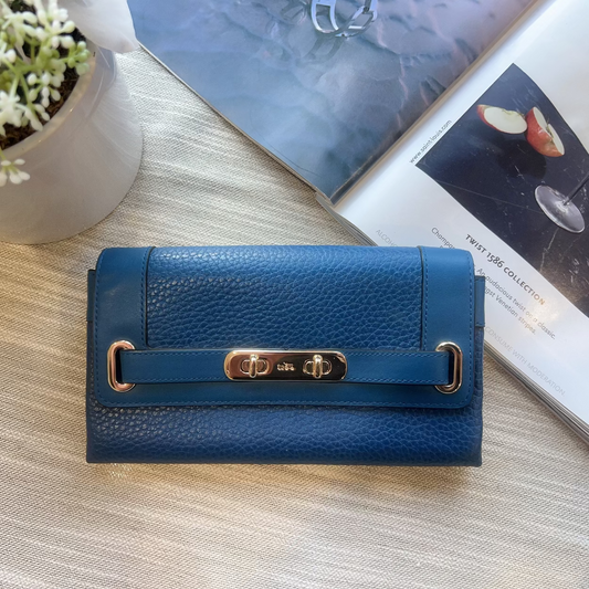 Blue wallet on a wooden surface with a book and plant in the background