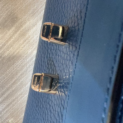 Close-up of a blue textured surface with gold buckles.
