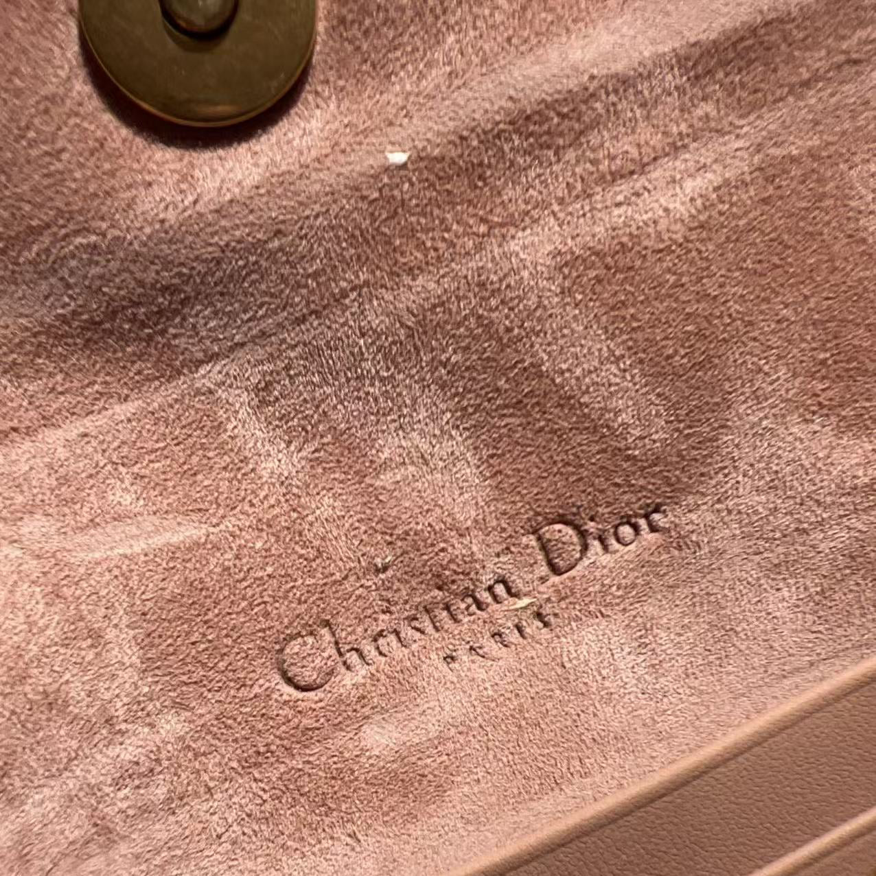 Close-up of a Dior handbag interior in dusty pink suede or velvety material, with the embossed Christian Dior logo visible and part of a gold-tone zipper at the bottom.