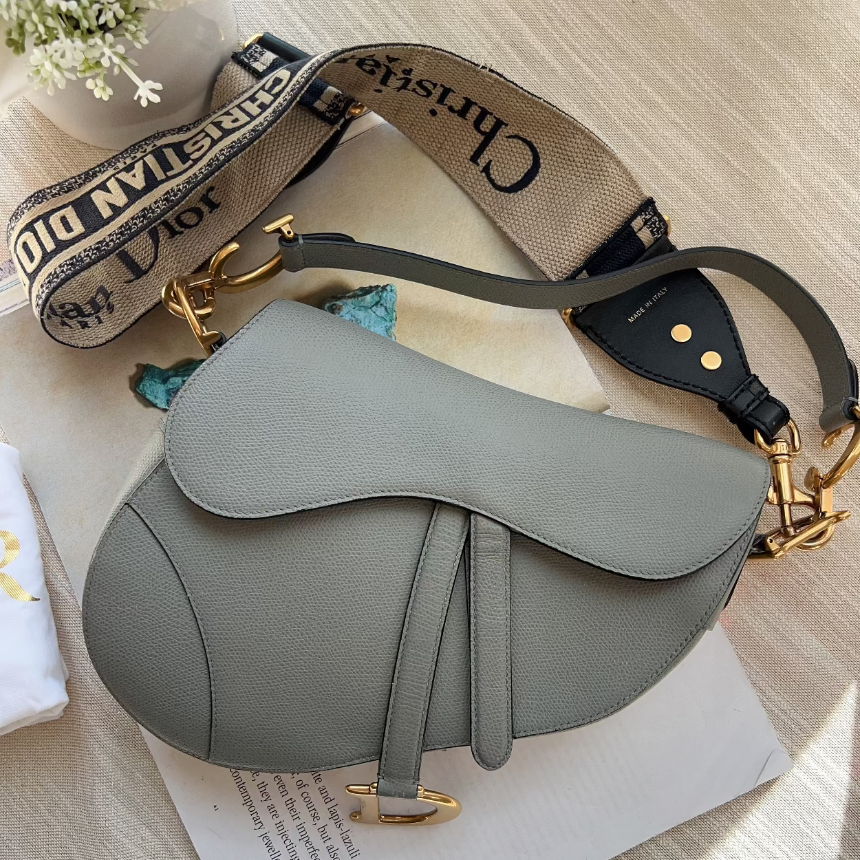 Christian Dior Grained Calfskin Saddle Bag With Strap Stone Grey