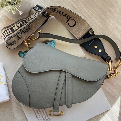 Christian Dior Grained Calfskin Saddle Bag With Strap Stone Grey