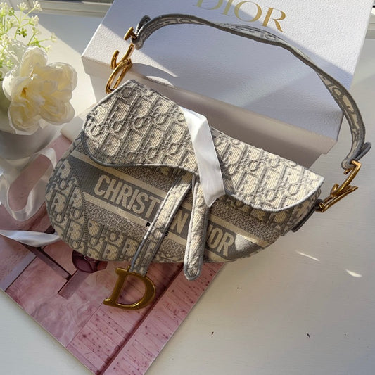 Dior Saddle Bag Medium Grey Ivory Aged Gold Hardware