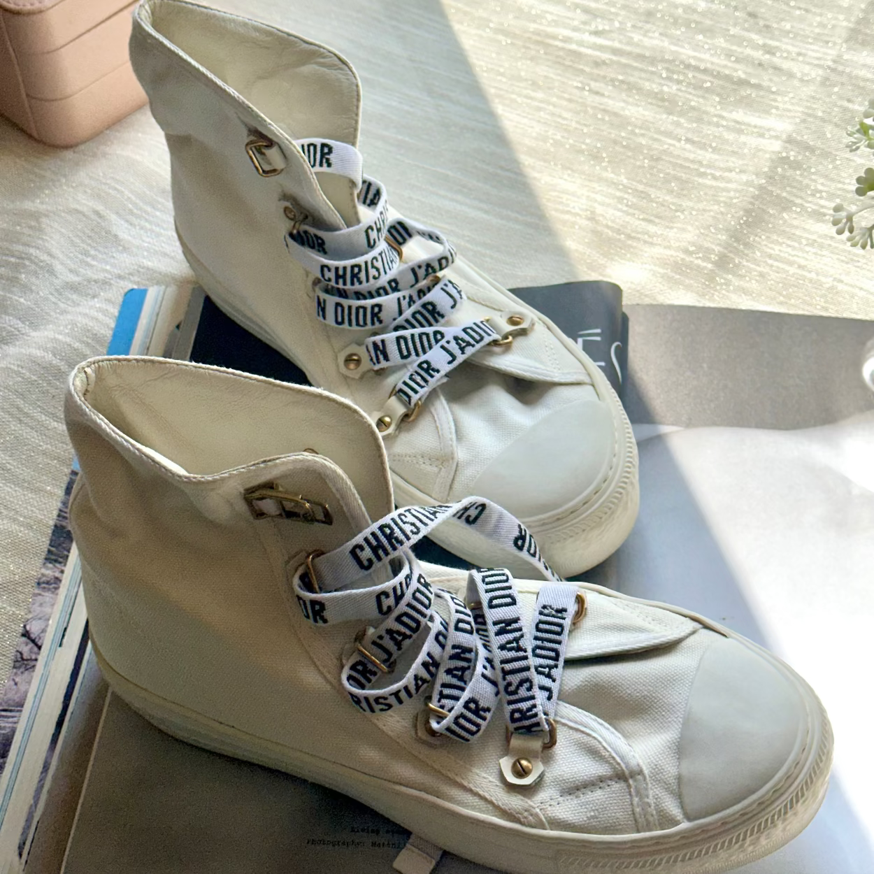 A pair of off-white high-top canvas sneakers with white laces printed with 'CHRISTIAN DIOR' in black letters, resting on books on a light-colored fabric surface.