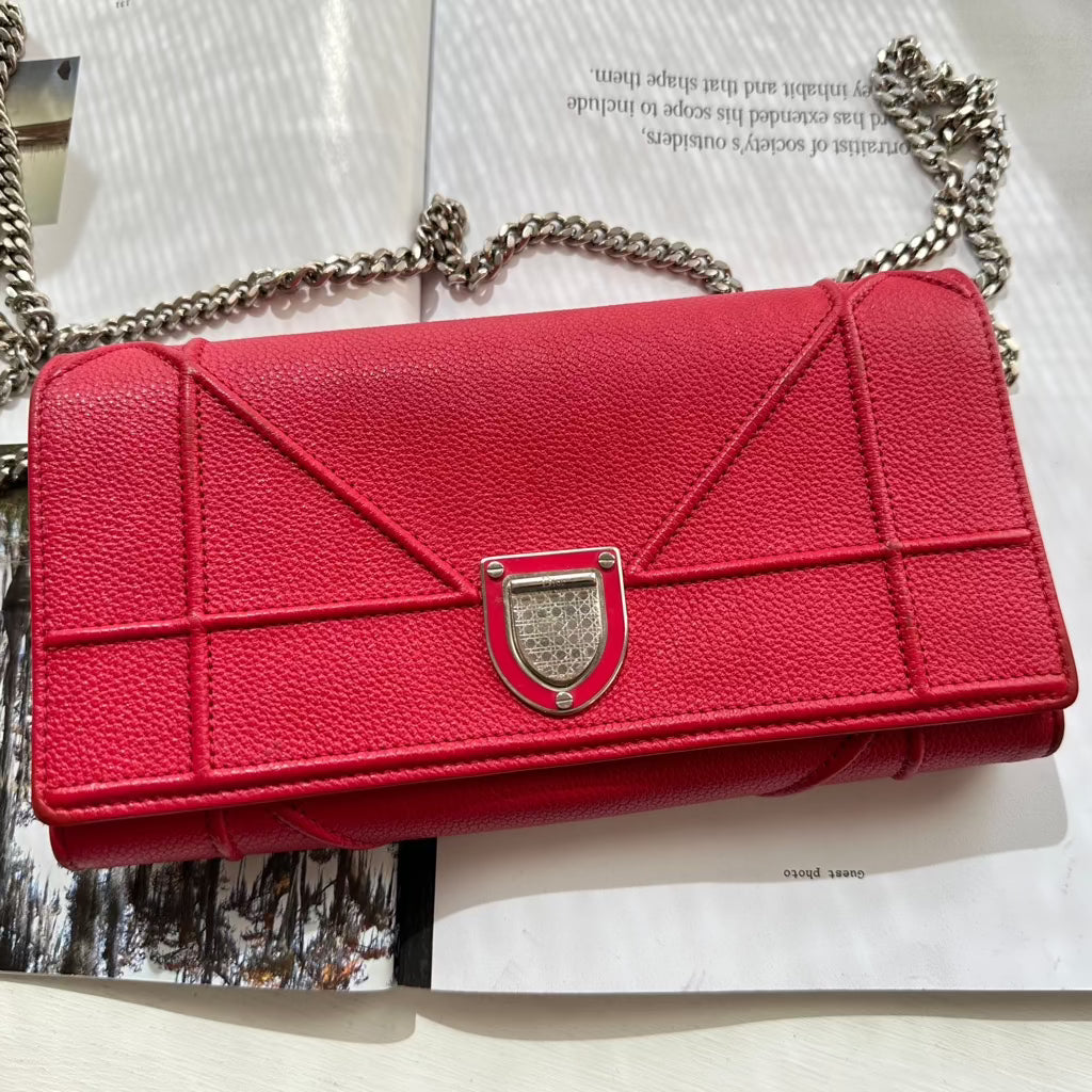 Christian Dior Leather Diorama Wallet on Chain Red