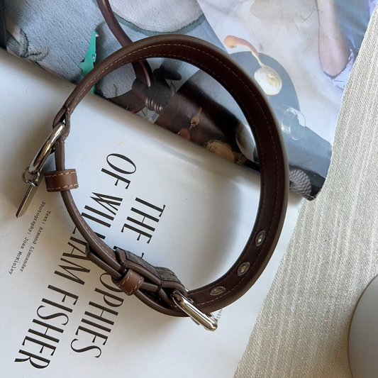 Brown leather bracelet on a book with visible text