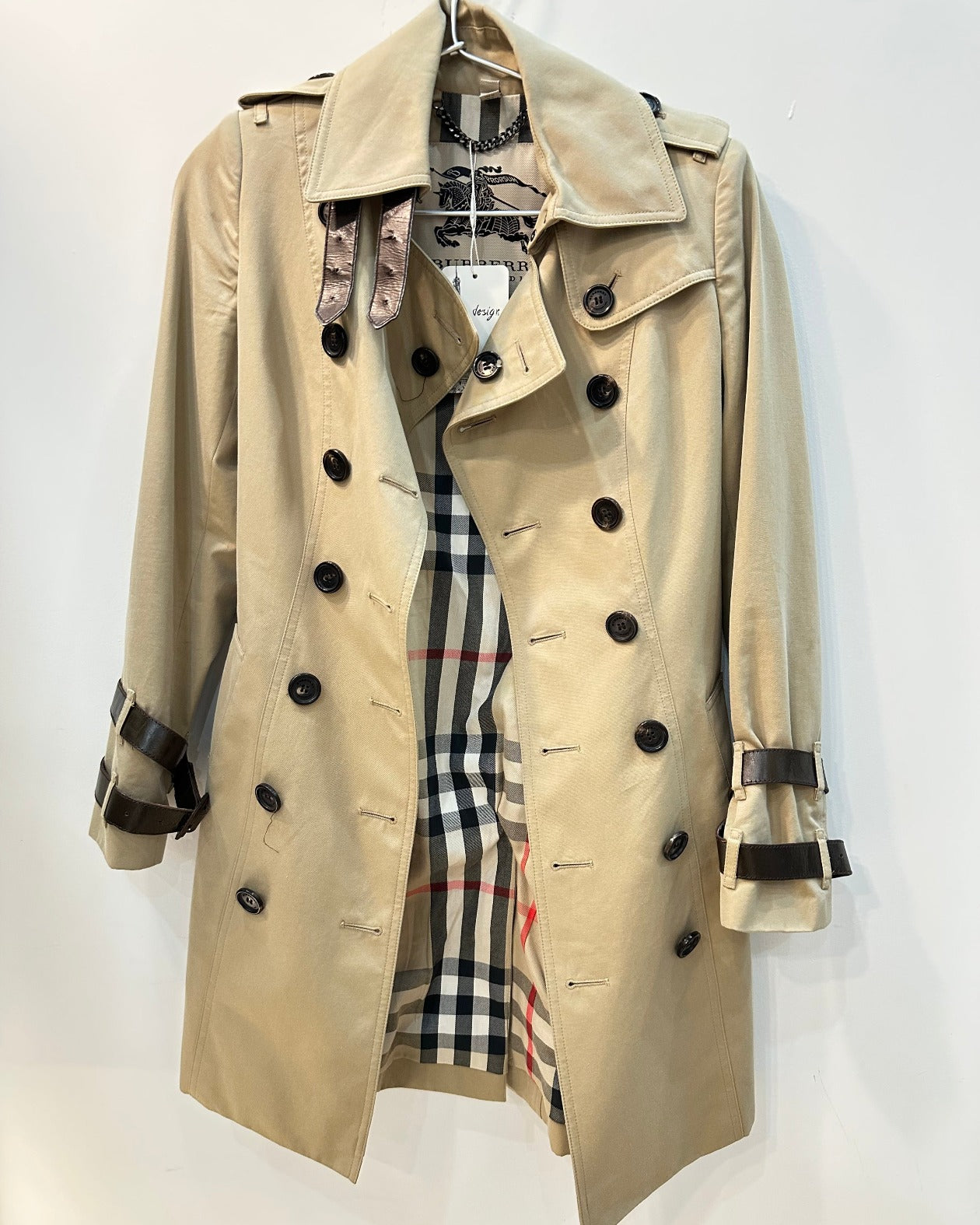 Burberry Queensborough Leather-Trim Trench Coat Beige