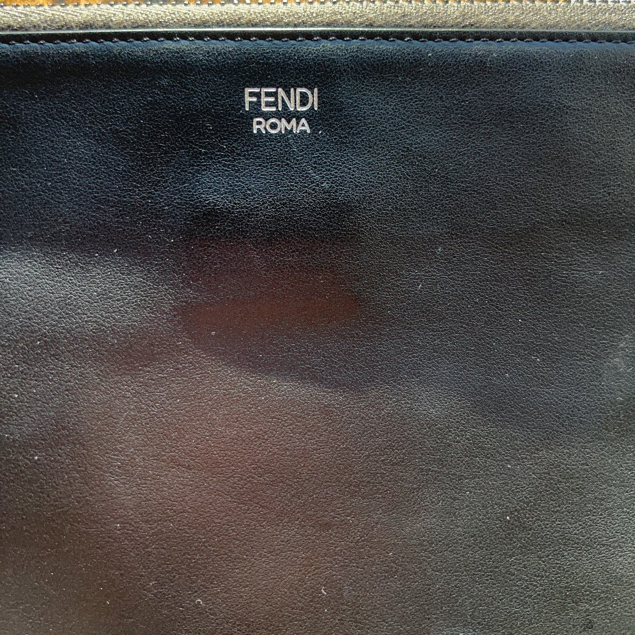 Fendi clutch with 'Fendi Roma' logo on a blurred natural background