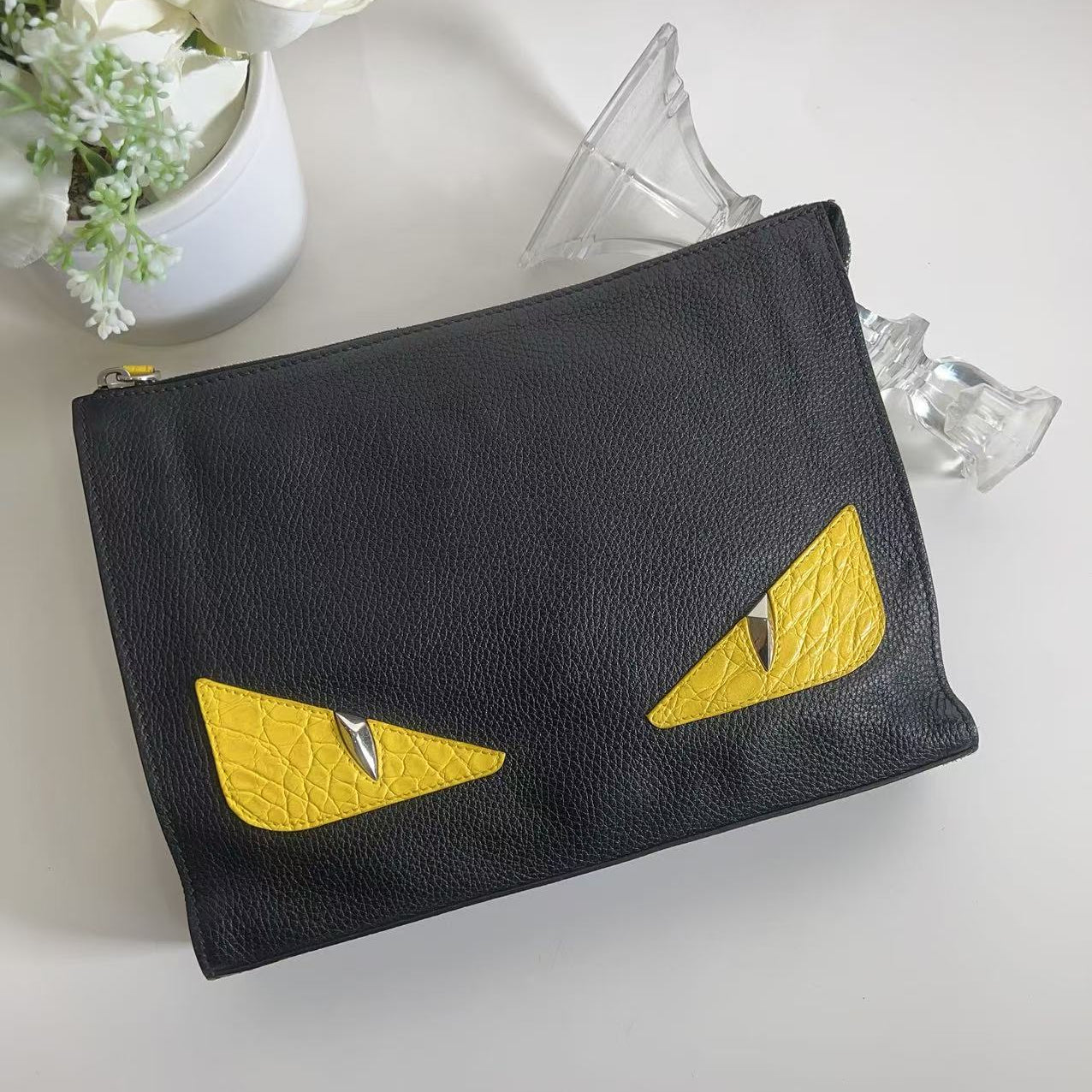 Fendi Vitello Elite Crystal Monster Eyes Zip Pouch Black