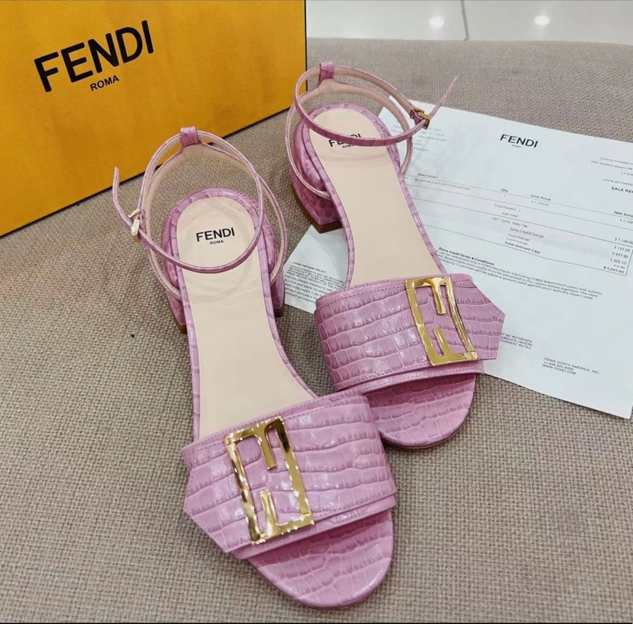 Fendi Croc Sandals Embossed Leather Promenade Ankle Strap Pink