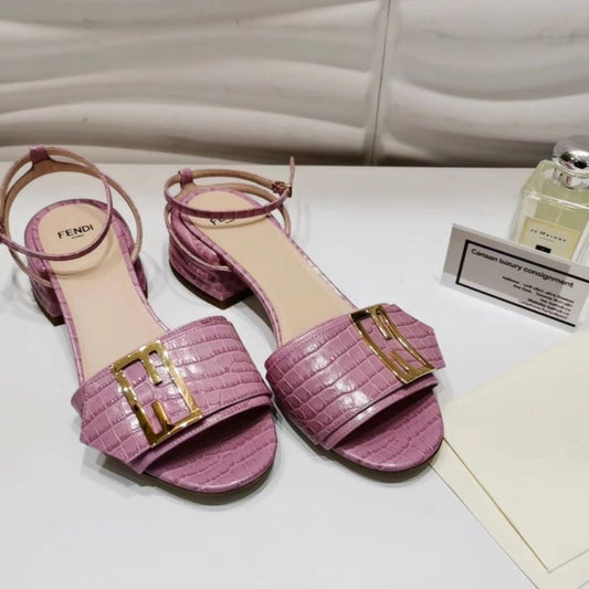 Fendi Croc Sandals Embossed Leather Promenade Ankle Strap Pink