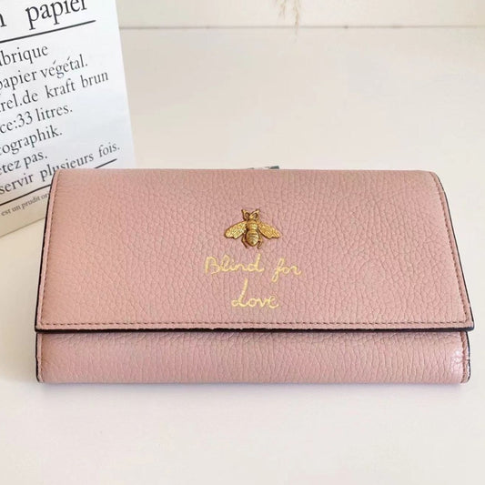 Gucci Animalier Queen Bee Blind For Love Pink Leather Continental Flap Wallet