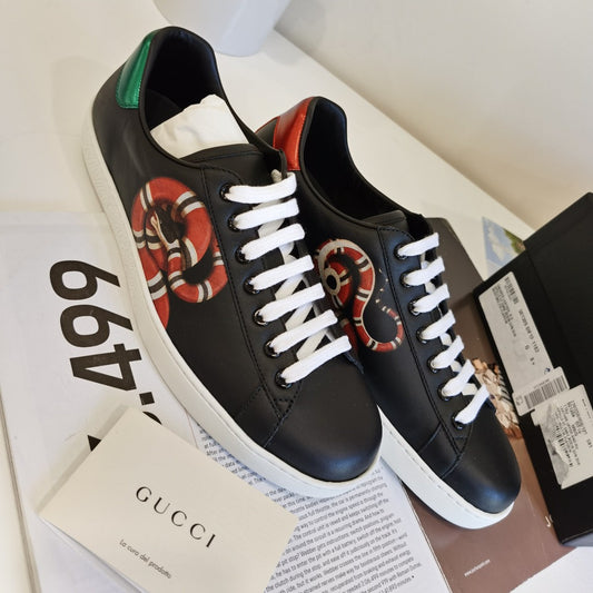 Gucci Calfskin Kingsnake Mens Ace Sneakers 8.5 Black Multicolor