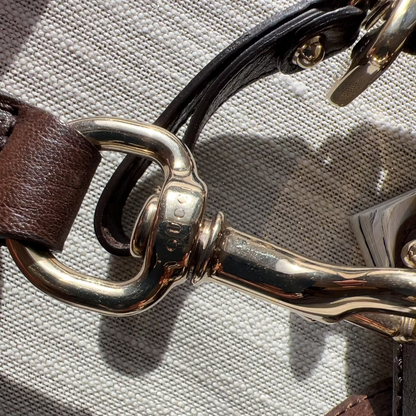 Close-up of a horse bridle with a metallic bit on a textured fabric background