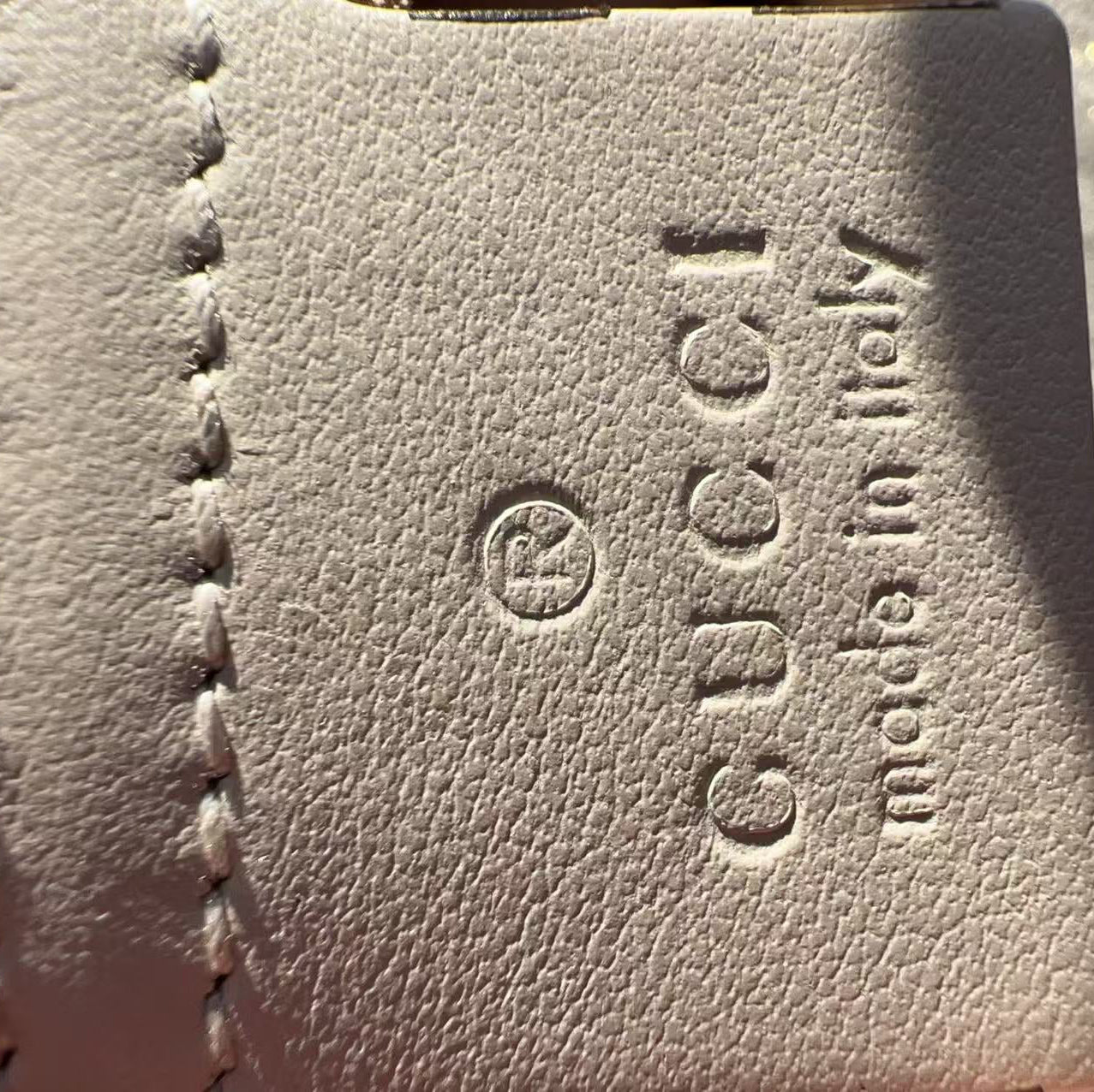 Close-up of Gucci logo and text on a leather surface